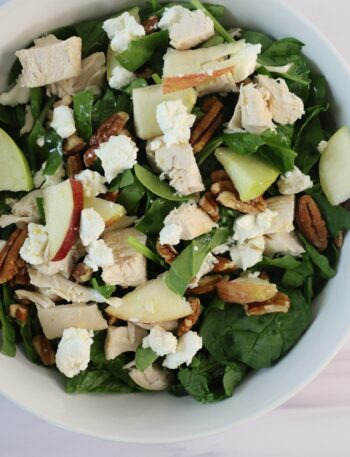 A green salad with chicken,apples and white goat cheese in a white bowl.