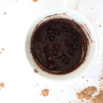 A chocolate brownie in a white mug