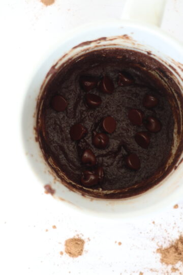 A chocolate brownie in a white mug